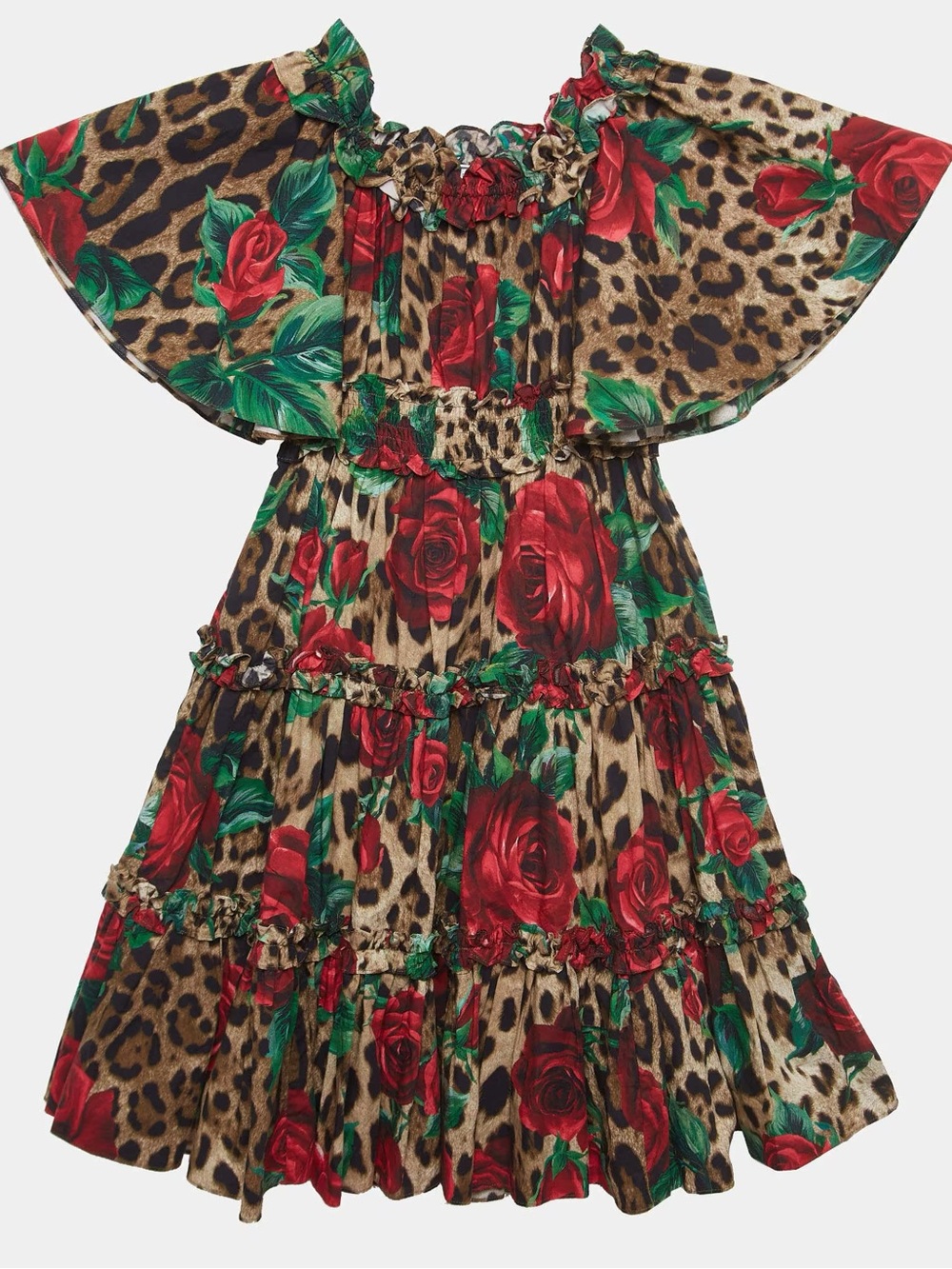 Dolce & Gabbana Brown Rose Leopard Print Girls Dress with Red & Green Accents